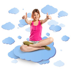Pretty young girl with thumbs up over sky background