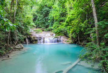 Fototapeta premium Beautiful deep forest waterfall of Erawan waterfall in Kanchabur