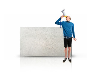 Rectangular placard with man shouting over white background