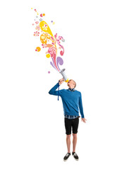 Redhead man shouting by megaphone over white background