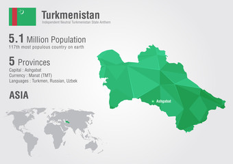 Turkmenistan world map with a pixel diamond texture. - obrazy, fototapety, plakaty