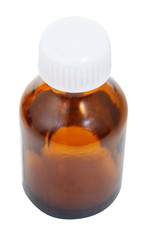 one closed brown glass oval pharmacy bottle