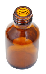 small open brown glass oval pharmacy bottle