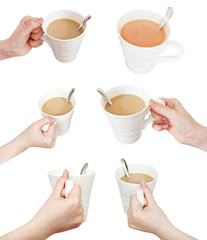set of hand with white cup with milk coffee