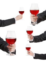 set of red wine glass in businessman hand