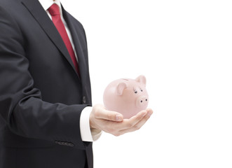Man with piggy bank in hand isolated on white