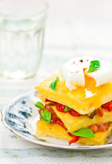 polenta with vegetables and poshed egg