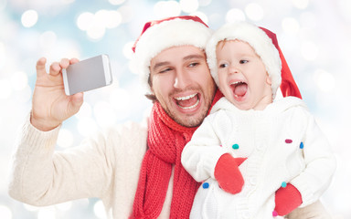 selfe  in winter. happy family dad and daughter