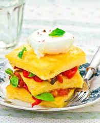polenta with vegetables and poshed egg