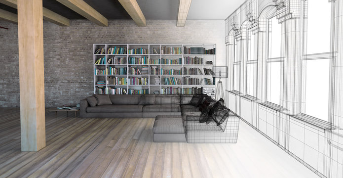Interno soggiorno vintage con libreria openspace 3d