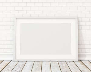 blank white horizontal picture frame on the white brick wall