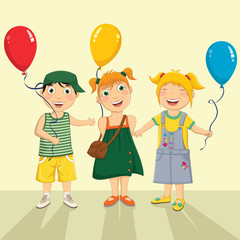 Vector Illustration Of A Group Of Children Keeping Balloons