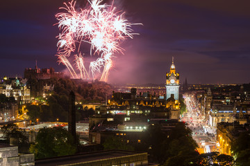 Edinburgh Cityscape with fireworks over The Castle
