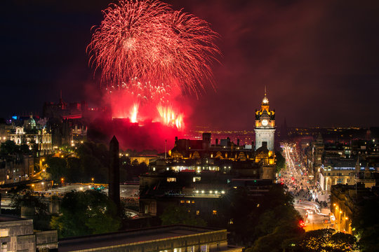 Edinburgh Cityscape with fireworks over The Castle