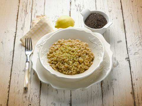 risotto with black tea and lemon peel