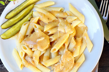 Pasta with sauce chicken and pickled cucumber