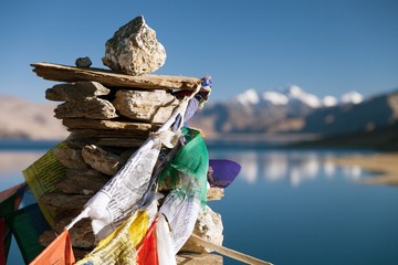 Tso Moriri Lake with prayer flags