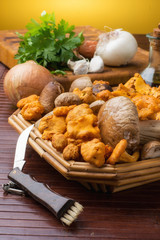 Funghi porcini e finferli in un cestino su un tavolo