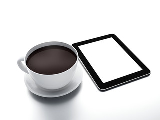 Fototapeta na wymiar Morning news. Coffee cup with tablet pc