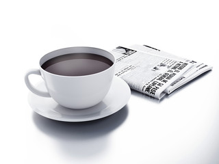 Coffee cup with newspaper on white isolated background.