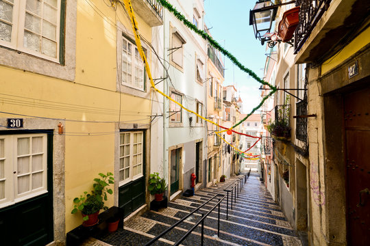 Small street in Bairro Alto quarter, Lisbon Portugal