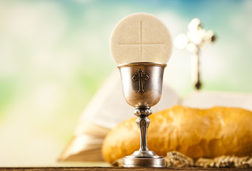 Holy Communion Bread, Wine  - obrazy, fototapety, plakaty