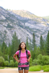 Fototapeta na wymiar Hiking woman looking up at copy space in Yosemite