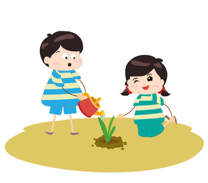 Two happy kids watering and planting plants