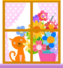Window,cat and flower