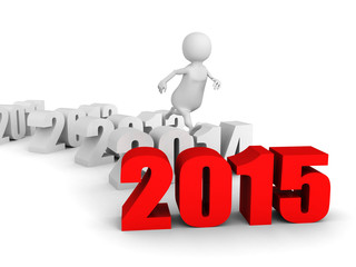 white 3d man jump over new 2015 year. runnung to success