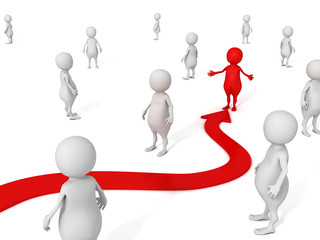 different red 3D man among crowd of white people