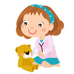 Kid girl playing doctor game with teddy bear
