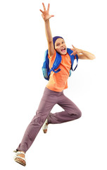 Portrait of a girl with backpack running