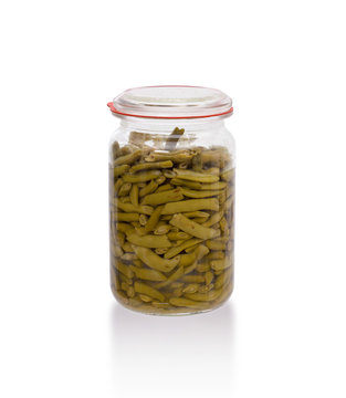 Very old pot of green string-beans, preserved