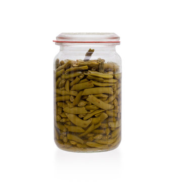 Very old pot of green string-beans, preserved