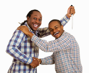 Two men fake friends, backstabbing concept on white background 
