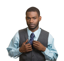 Timid, shy, anxious man, isolated on white background 