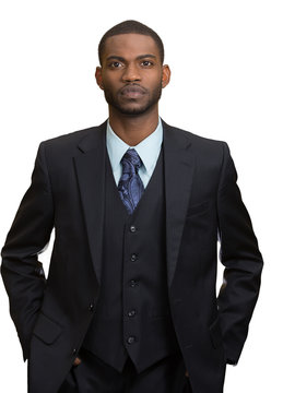 Confident employee, serious young business man in full suit
