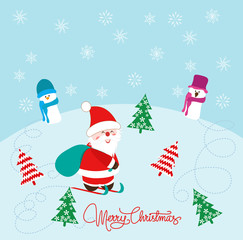 Christmas Card with Santa Claus, snowman and christmas trees