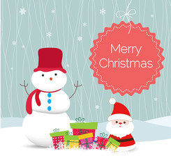 Christmas Card with Santa Claus, snowman and gift