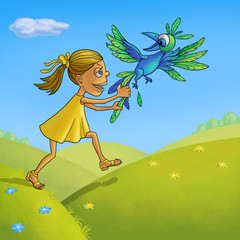 Obraz na płótnie Canvas Girl catches the blue bird of happiness