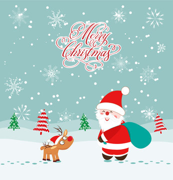 Merry christmas card with deer and santa claus