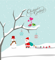 Merry christmas with santa claus, snowman and gift background