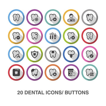 Dental flat icons/ buttons with shadow.