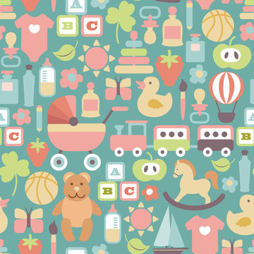 pattern with colorful flat baby icons on blue background
