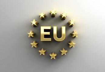 EU sign with stars - gold 3D quality render on the wall backgrou - obrazy, fototapety, plakaty
