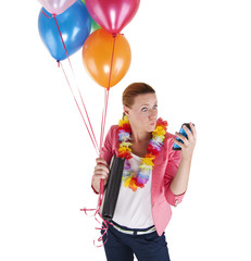 woman with balloons over white background shock