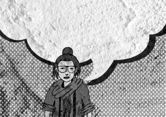 People thinking people talking and Speech Bubble on Cement wall