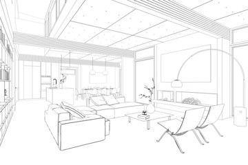 Fototapeta na wymiar Sketch Of Kitchen With Dining Area Interior Design