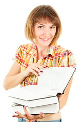 Girl with books isolated on white background